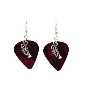Trumpet Horn Musical Instrument Charm on Guitar Pick Earrings - Choose Color